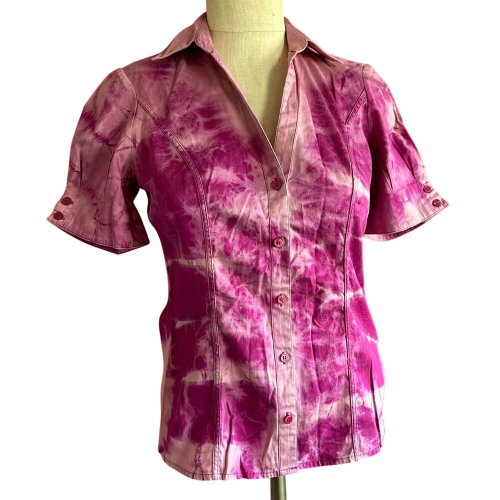 Womens Top Size Small Pink Purple Tie Dye Reworked Button Up Structured Sleeves
